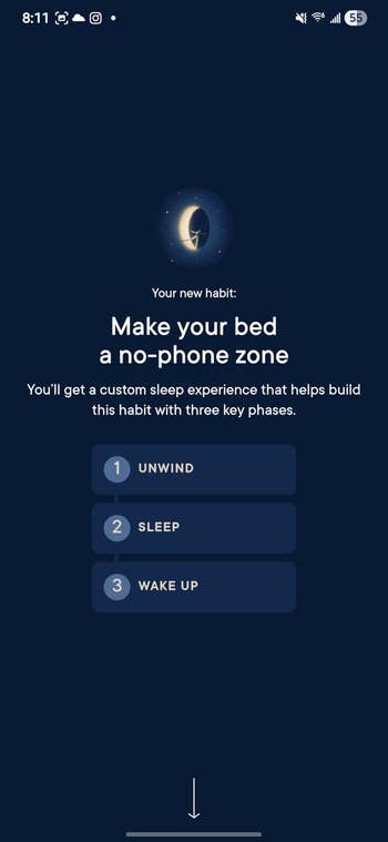Text promoting a new habit: make your bed a no-phone zone for a better sleep experience through unwinding, sleeping, and waking up phases