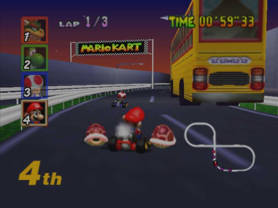Mario chases down Toad past a yellow bus in Mario Kart 64