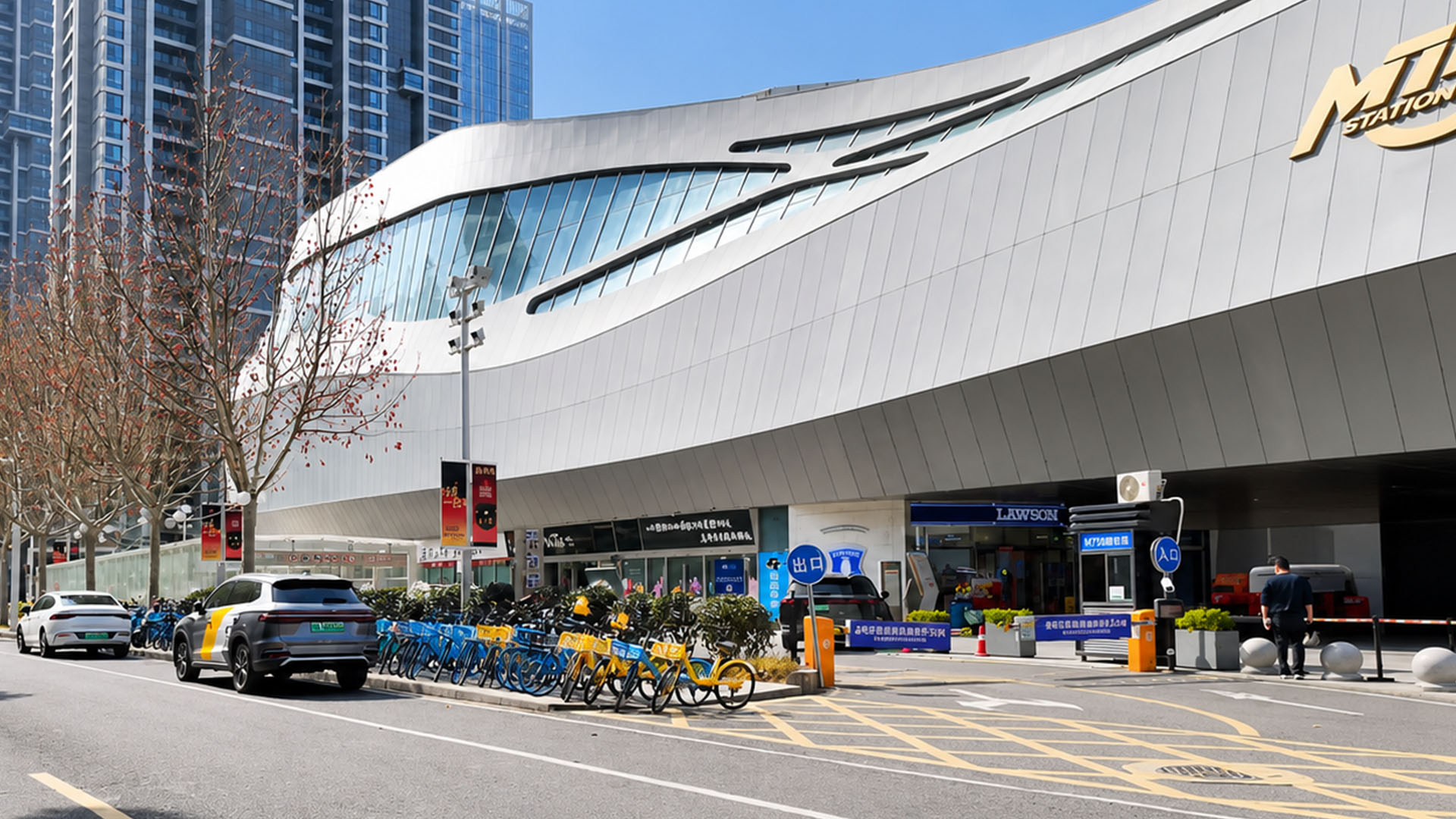 Shared bikes and modern architecture create a clean urban snapshot