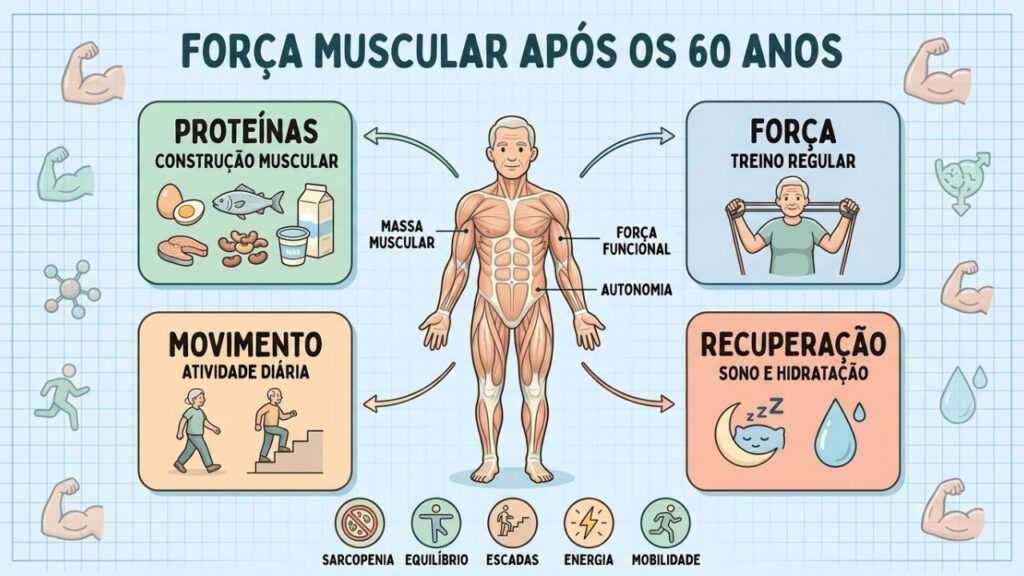Proteínas, treino, movimento e recuperação ajudam a combater a sarcopenia.
