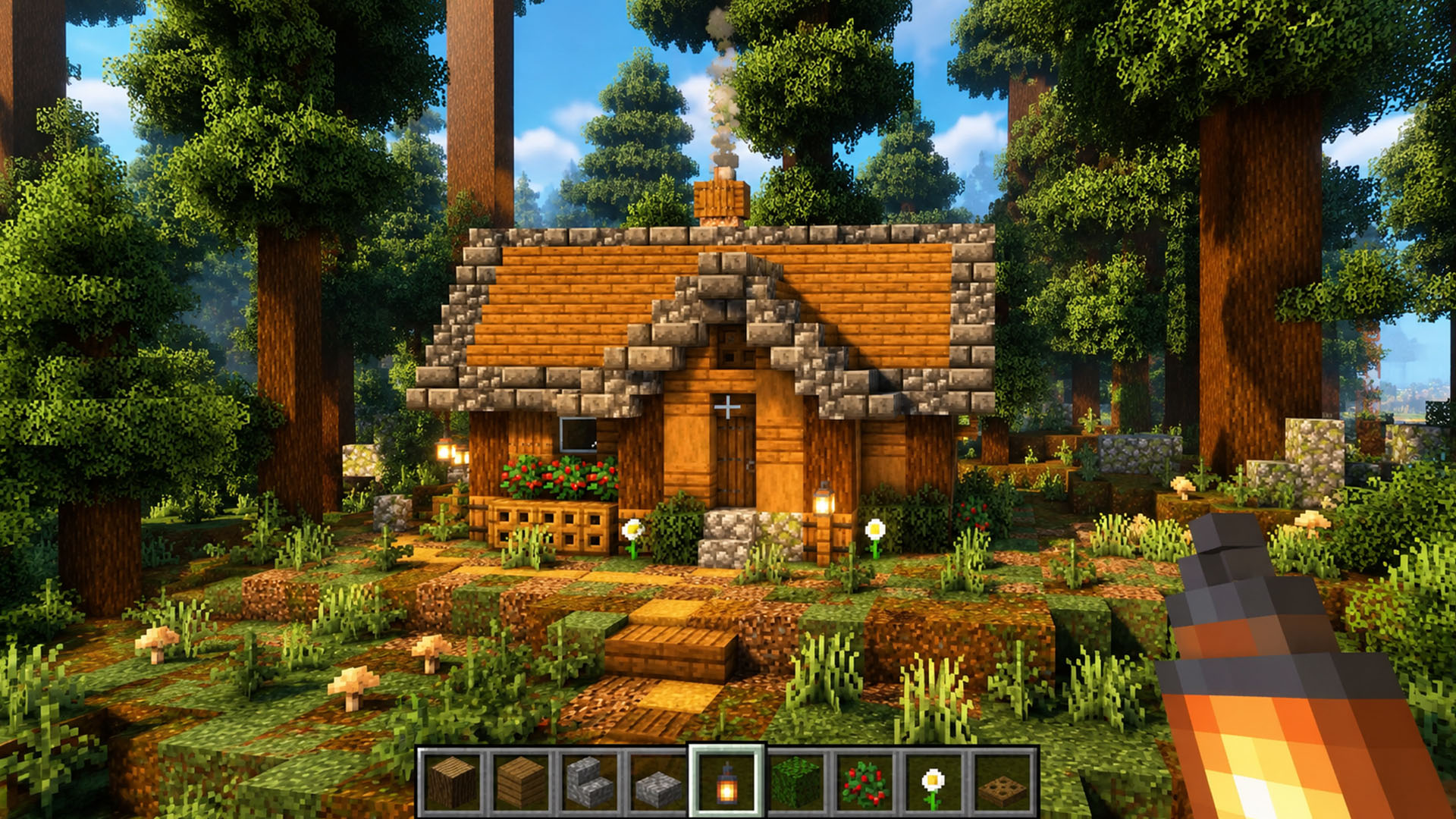 A beautiful wooden cabin hidden deep inside Minecraft nature