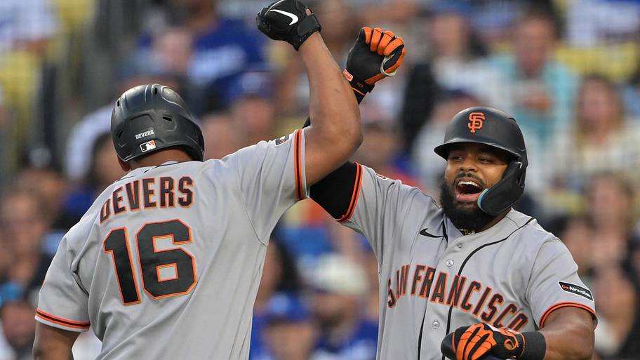 San Francisco Giants first baseman Rafael Devers and left fielder Heliot Ramos. | Jayne Kamin-Oncea-Imagn Images