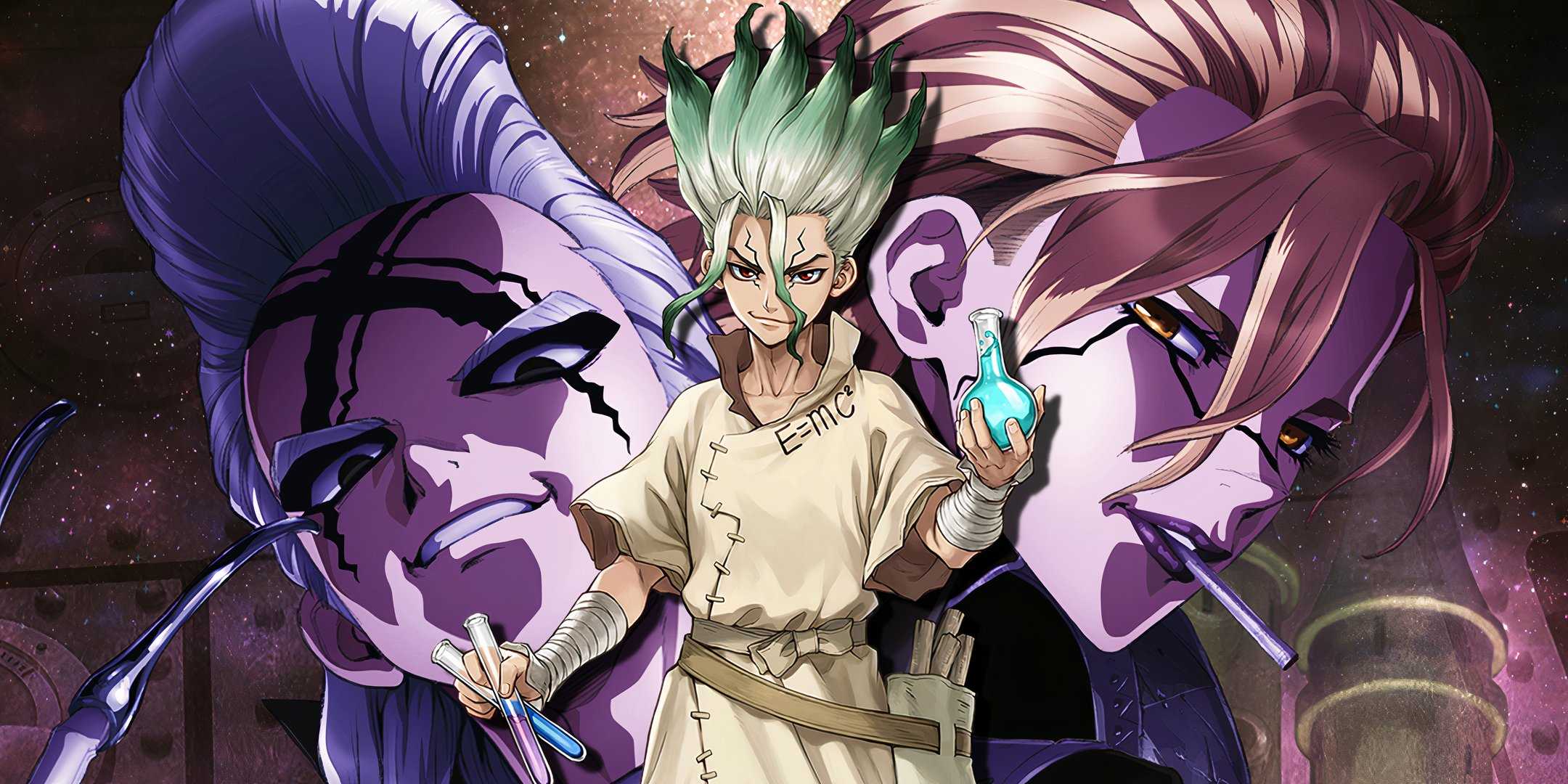 senku from dr stone with xeno and stanley in the background