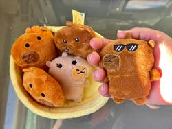 Plush animal toys in a round container, with one toy featuring sunglasses in a hand, ideal for gifting or decor