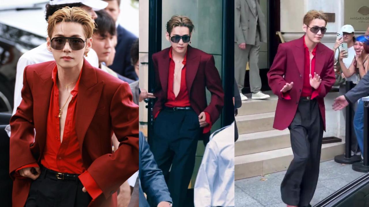BTS V stuns in bold red look at Celine's Paris Fashion Week 2026 show