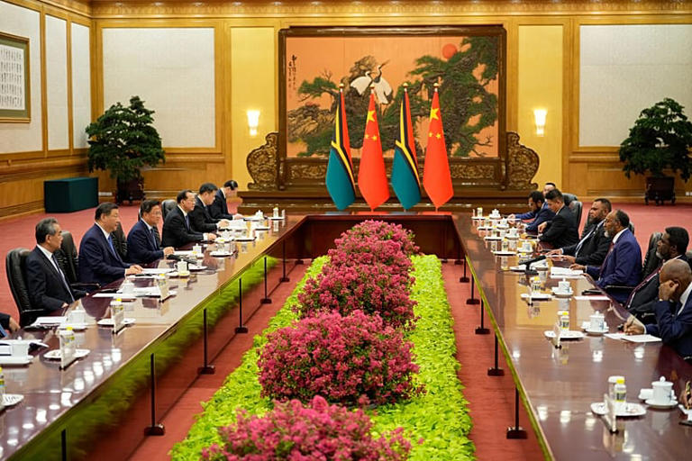 Vanuatu’s Prime Minister Charlot Salwai attends a meeting with Chinese President Xi Jinping at the Great Hall of the People in Beijing, 12 July, 2024 AP Photo