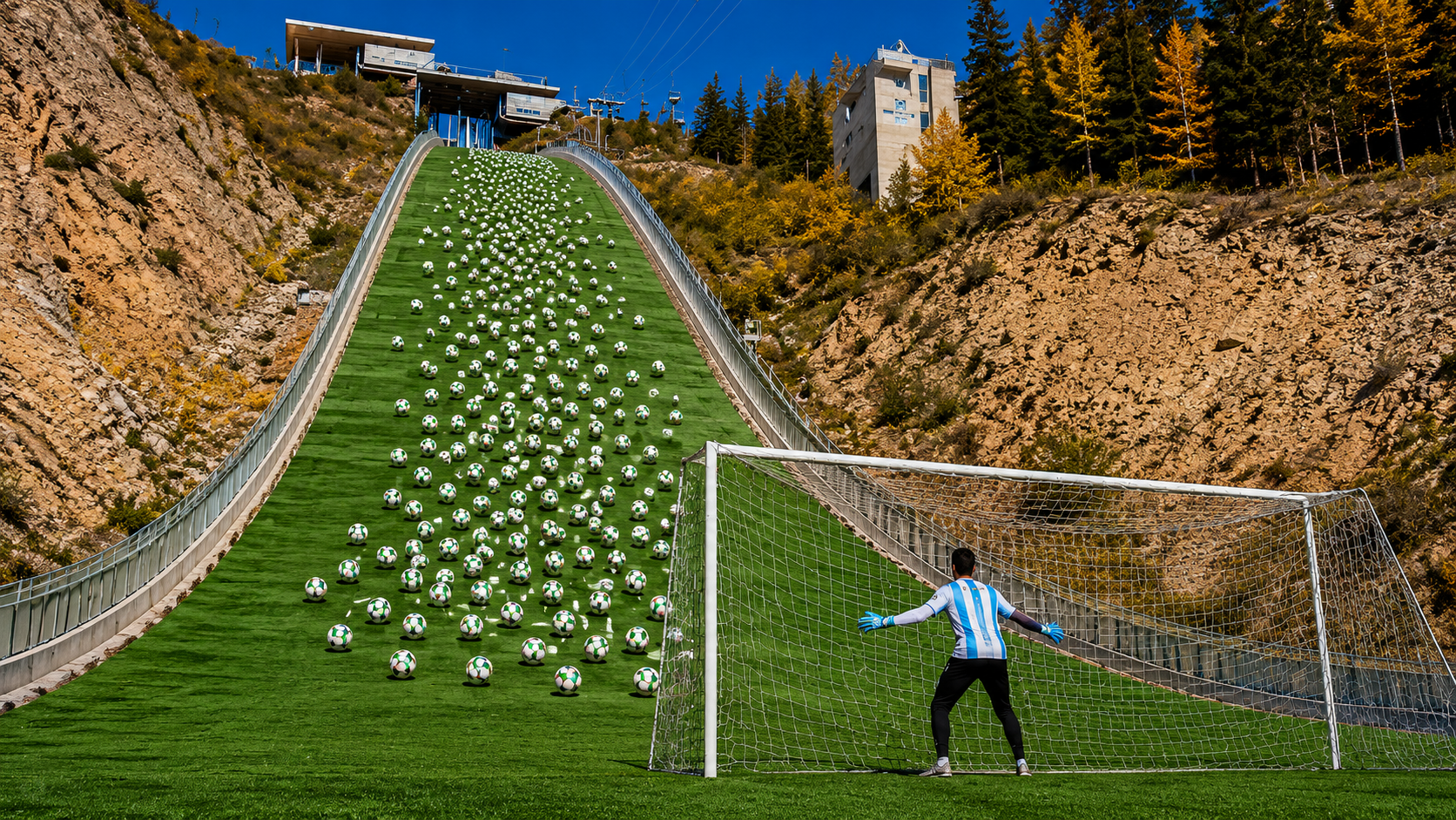 They shot 200 soccer balls at one goalie - from an Olympic ski jump