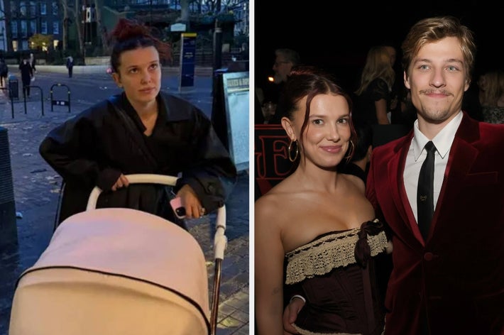 On the left, a woman in a dark coat pushes a stroller outdoors. On the right, she’s in a strapless dress at an event with a man in a velvet suit