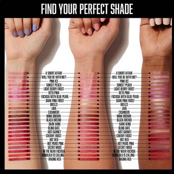 Four arms showing different lipstick shades from pink to purple, each swatch labeled with names like