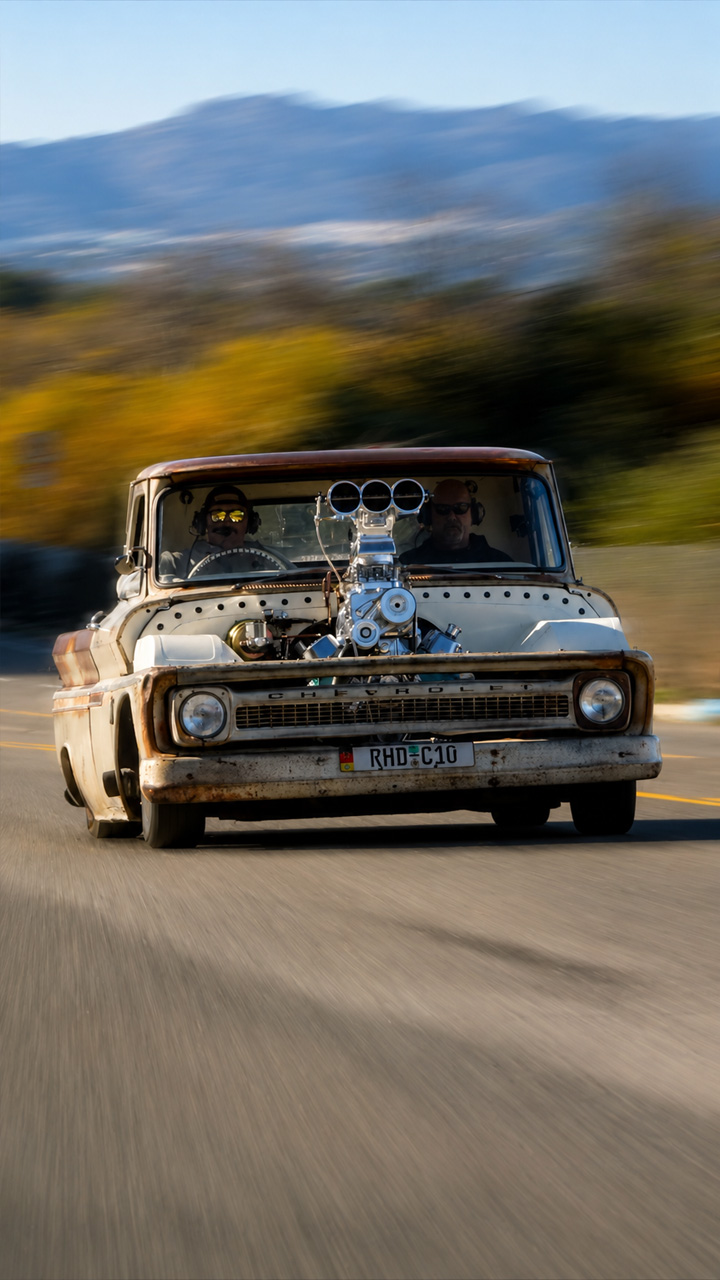 Blown V8 Chevy truck rolls hard in the street