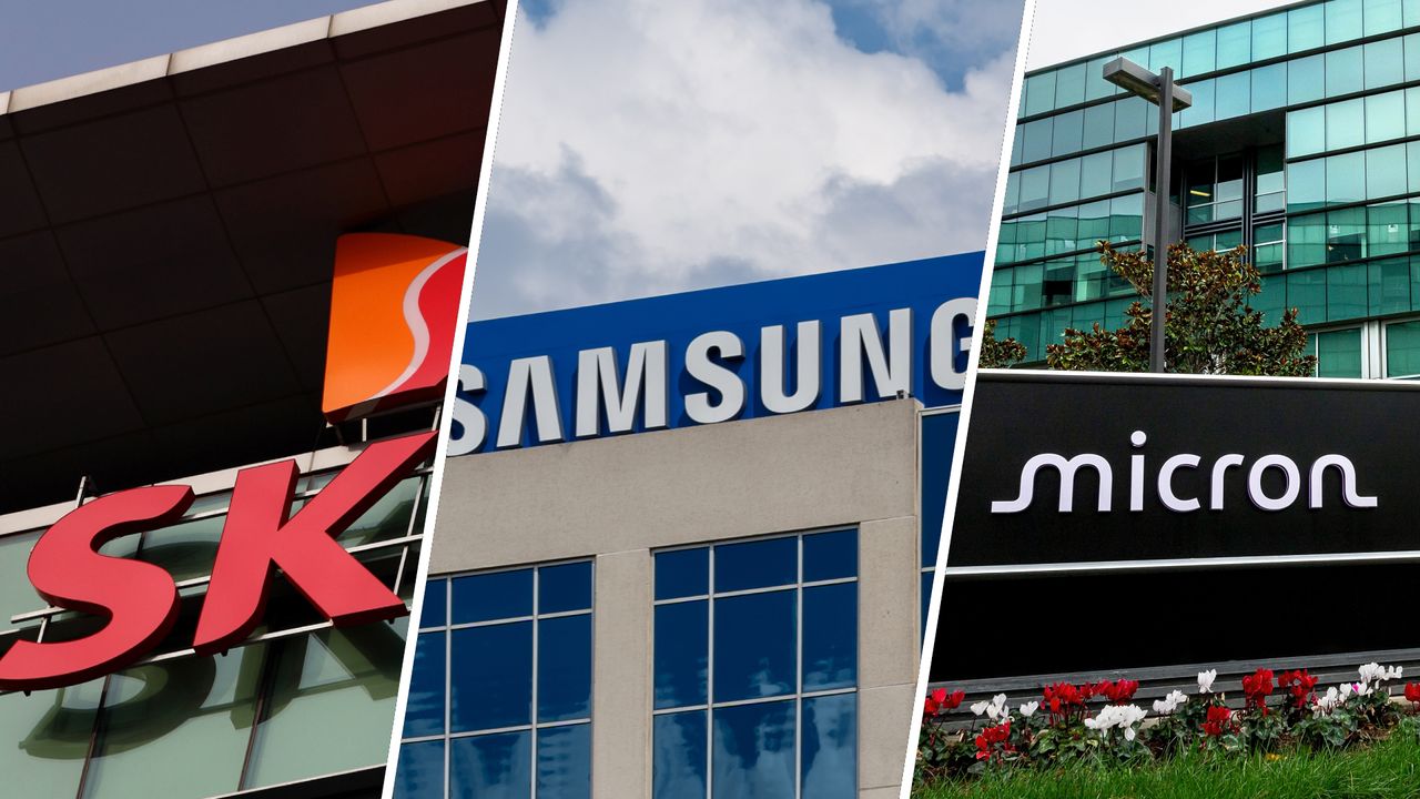 SK Hynix, Samsung, and Micron signs in front of company buildings.