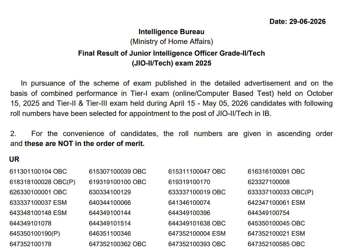 IB JIO tech final result 2026 released: Direct link to download list of ...