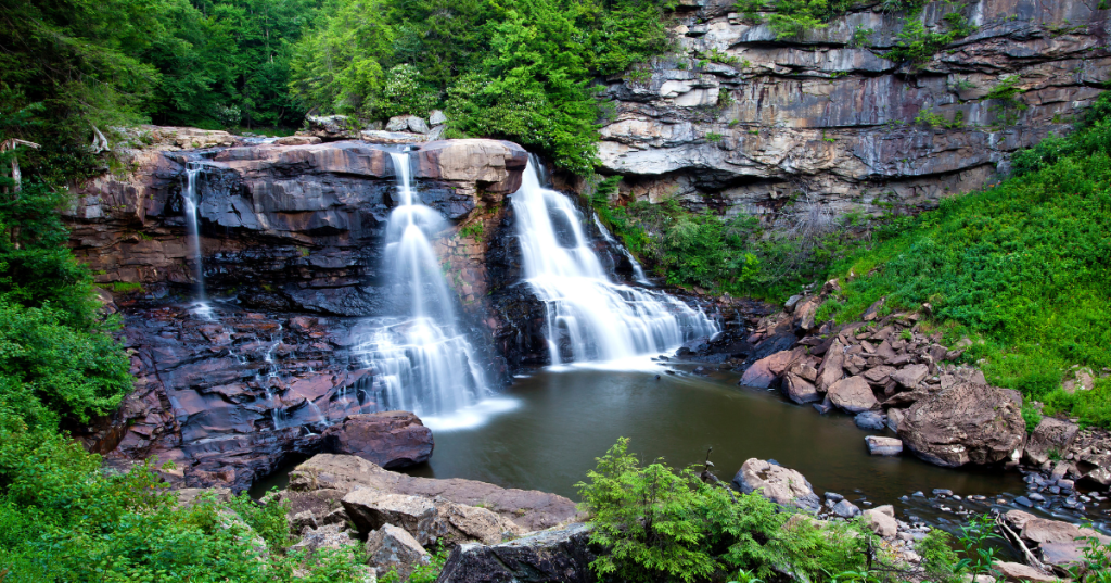 Scenic tiered waterfalls at Blackwater Falls near Davis, West Virginia.