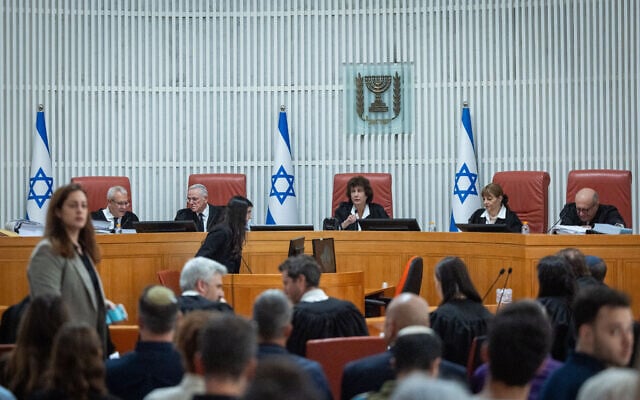 High Court justices sit for a hearing on the state comptroller’s probes into the October 7, 2023, Hamas-led massacre, in Jerusalem, May 10, 2026. (Yonatan Sindel/Flash90)