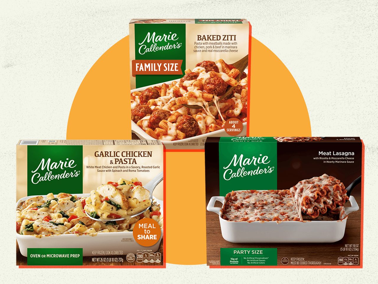 Three Marie Callenders frozen food products including baked ziti garlic chicken and pasta and meat lasagna