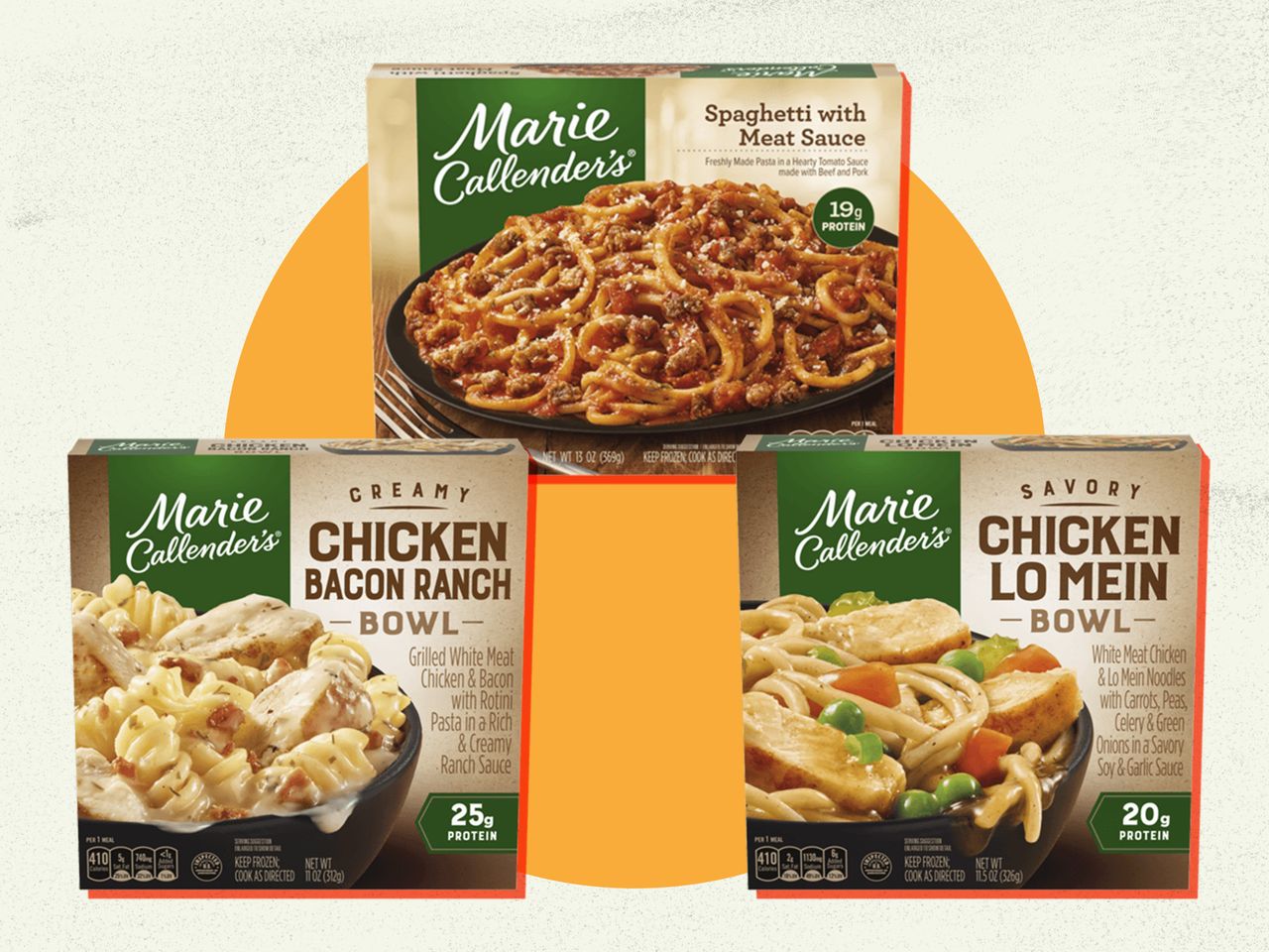 Marie Callenders frozen meals displayed including Spaghetti with Meat Sauce Chicken Bacon Ranch Bowl and Chicken Lo Mein Bowl
