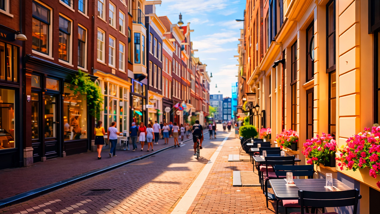 Amsterdam summer walk through a colorful café street