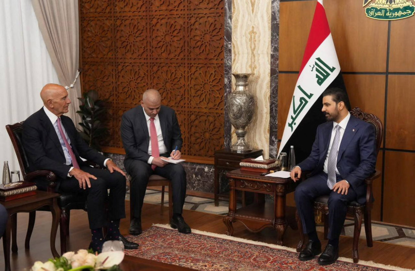 Iraqi Prime Minister Ali al-Zaidi meets with U.S. Special Presidential Envoy Tom Barrack in Baghdad, Iraq, June 16, 2026. (credit: IRAQI PRIME MINISTER MEDIA OFFICE/HANDOUT VIA REUTERS)