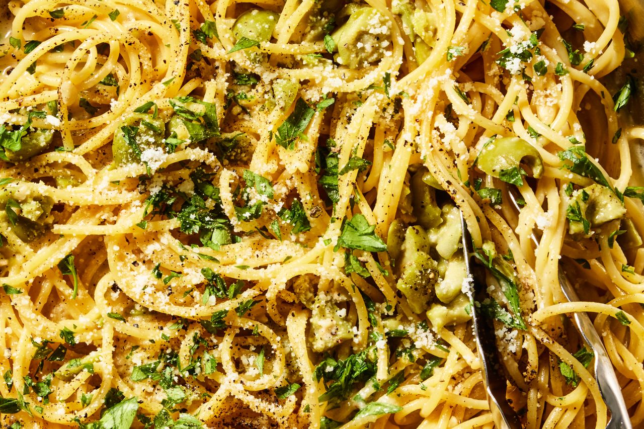 Dirty martini pasta with garnishes