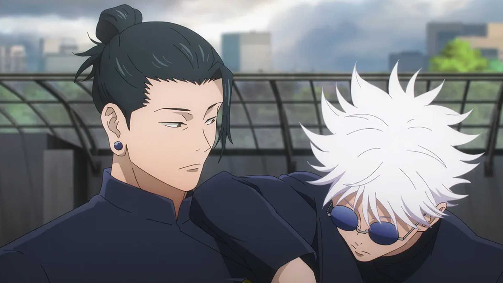 Geto looking down at a slouching Gojo in JJK