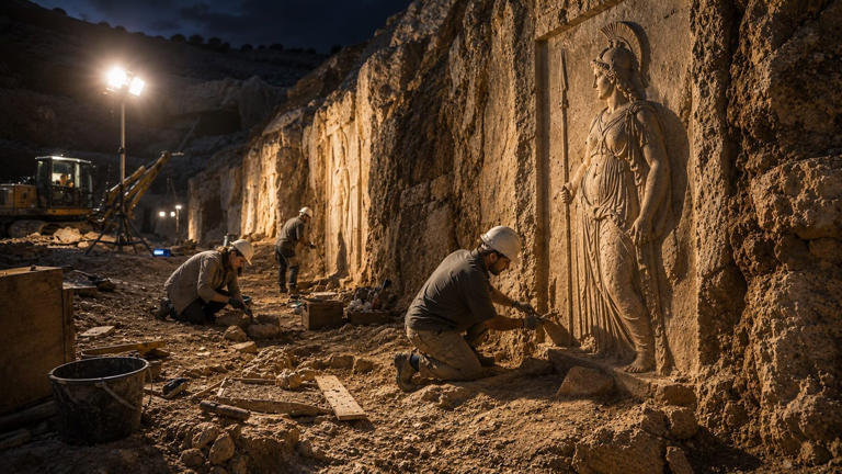 Recreación de una excavación arqueológica con una representación de la diosa Minerva.