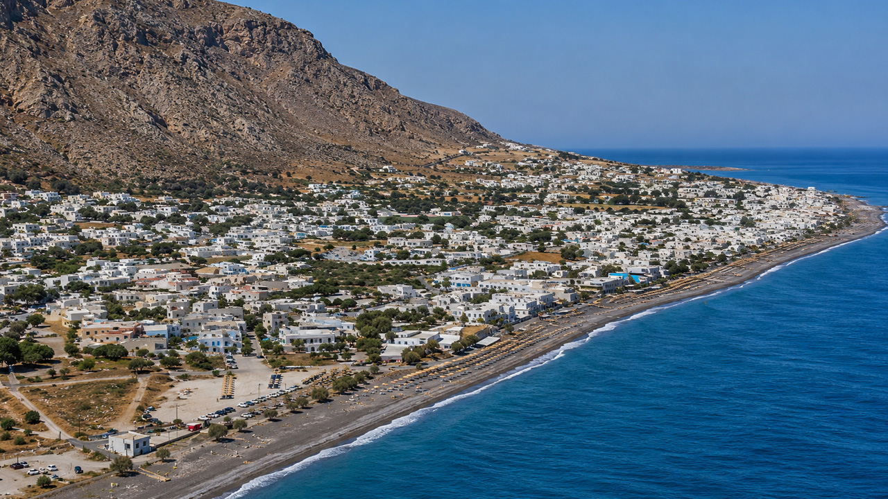 ¿Has visto Kamari, Santorini, desde arriba junto a la costa?