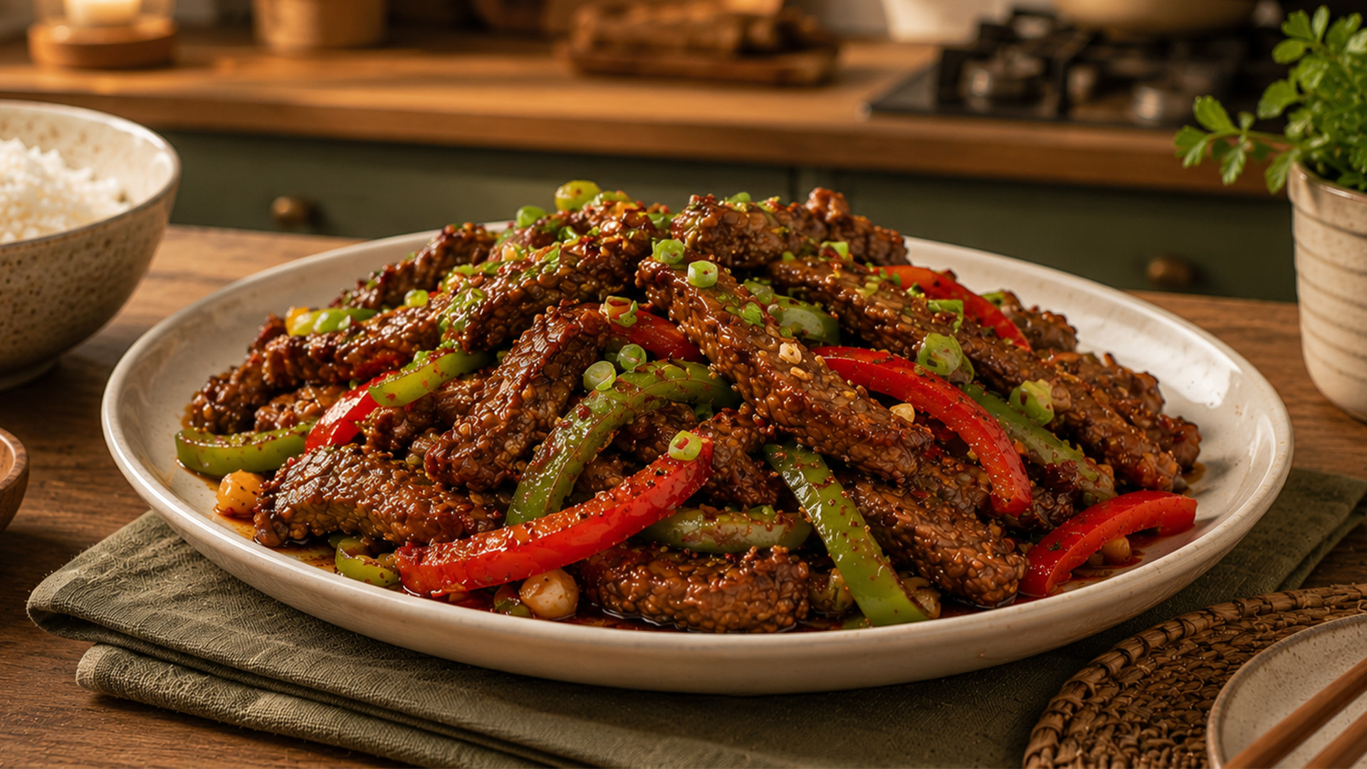 Quick Stir Fry Behind Tender Beef and Peppers