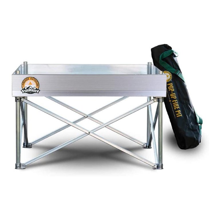 The Fireside Outdoor Pop-Up Pit next to its carry bag on a white background.