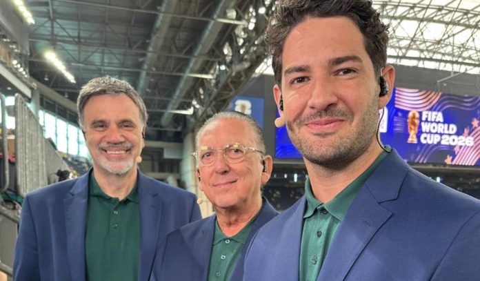 Mauro Beting, Galvão Bueno e Alexandre Pato (Foto: Divulgação/ SBT)