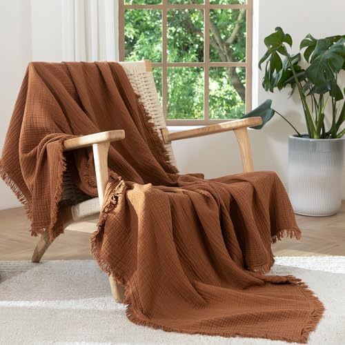 Moomee Muslin Blanket - 100% Cotton 4-Layer Gauze Throw Blanket With All-Around Fringe, Soft Breathable Lightweight Cooling Summer Blankets for Bed Couch (drak Orange,throw Xl 50