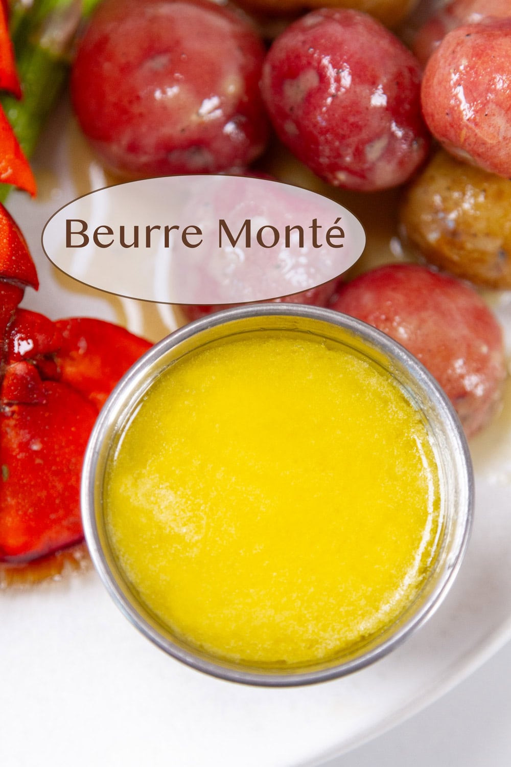 a small container of Beurre Monté butter sauce next to some potatoes.