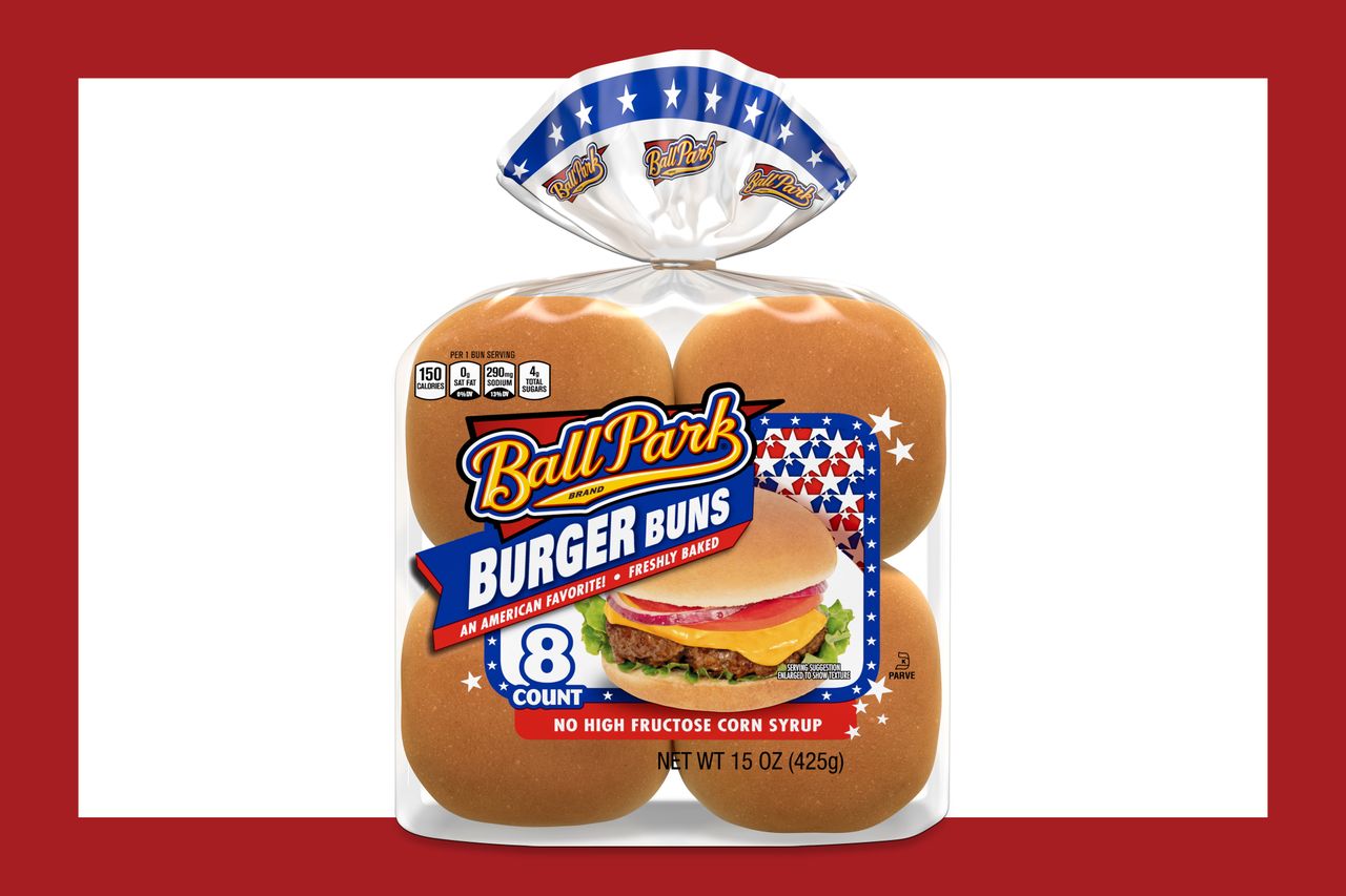 Ball Park burger buns packaging featuring a closeup of the product and its label
