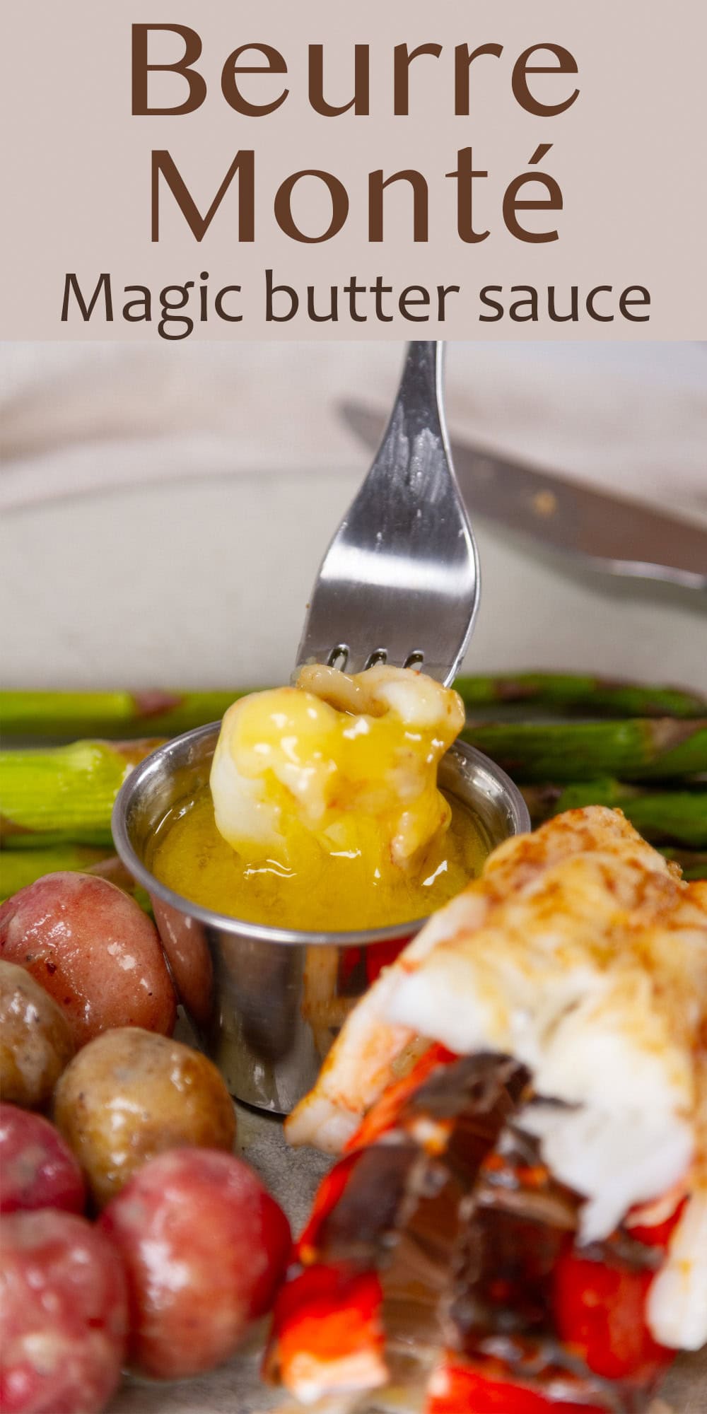 dipping a piece of lobster into Beurre monté butter sauce next to potatoes and lobster.