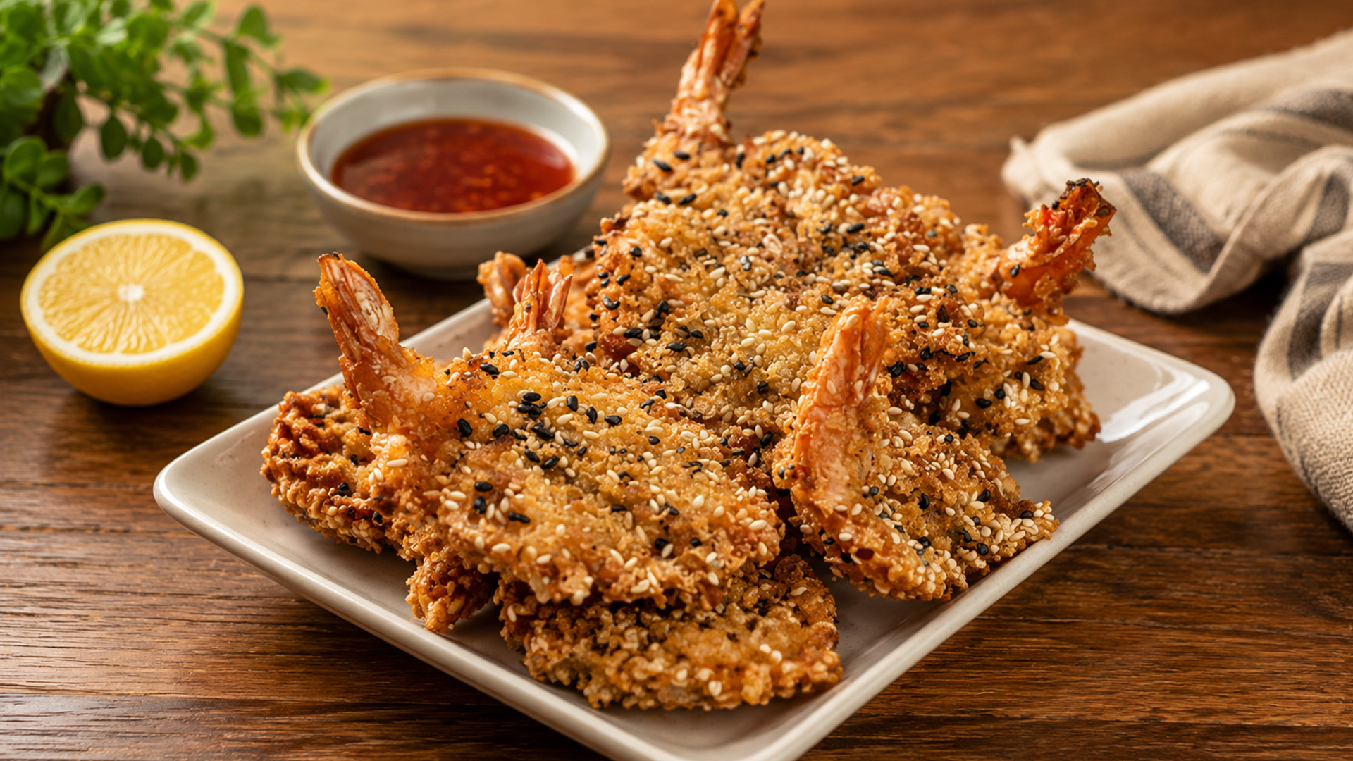 The crispy sesame coating behind butterfly prawns