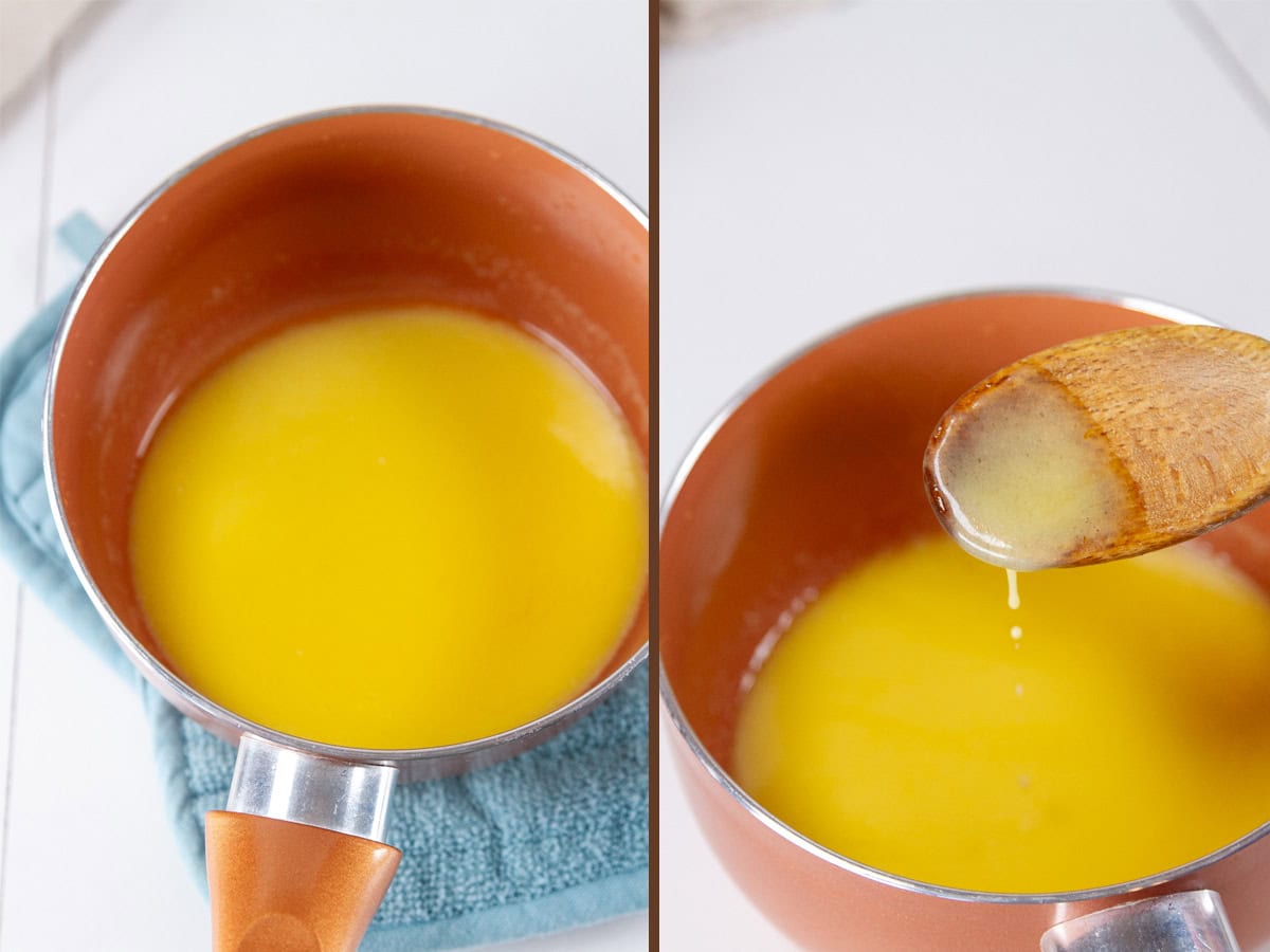 butter sauce in a small saucepan, and coating the back of a wooden spoon.