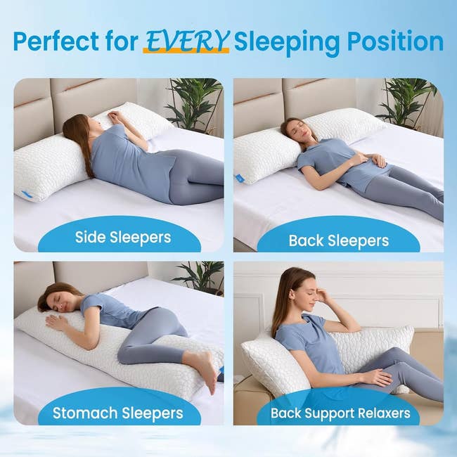 Four images of a model demonstrating a body pillow use for side, back, stomach, and back support relaxation sleeping positions