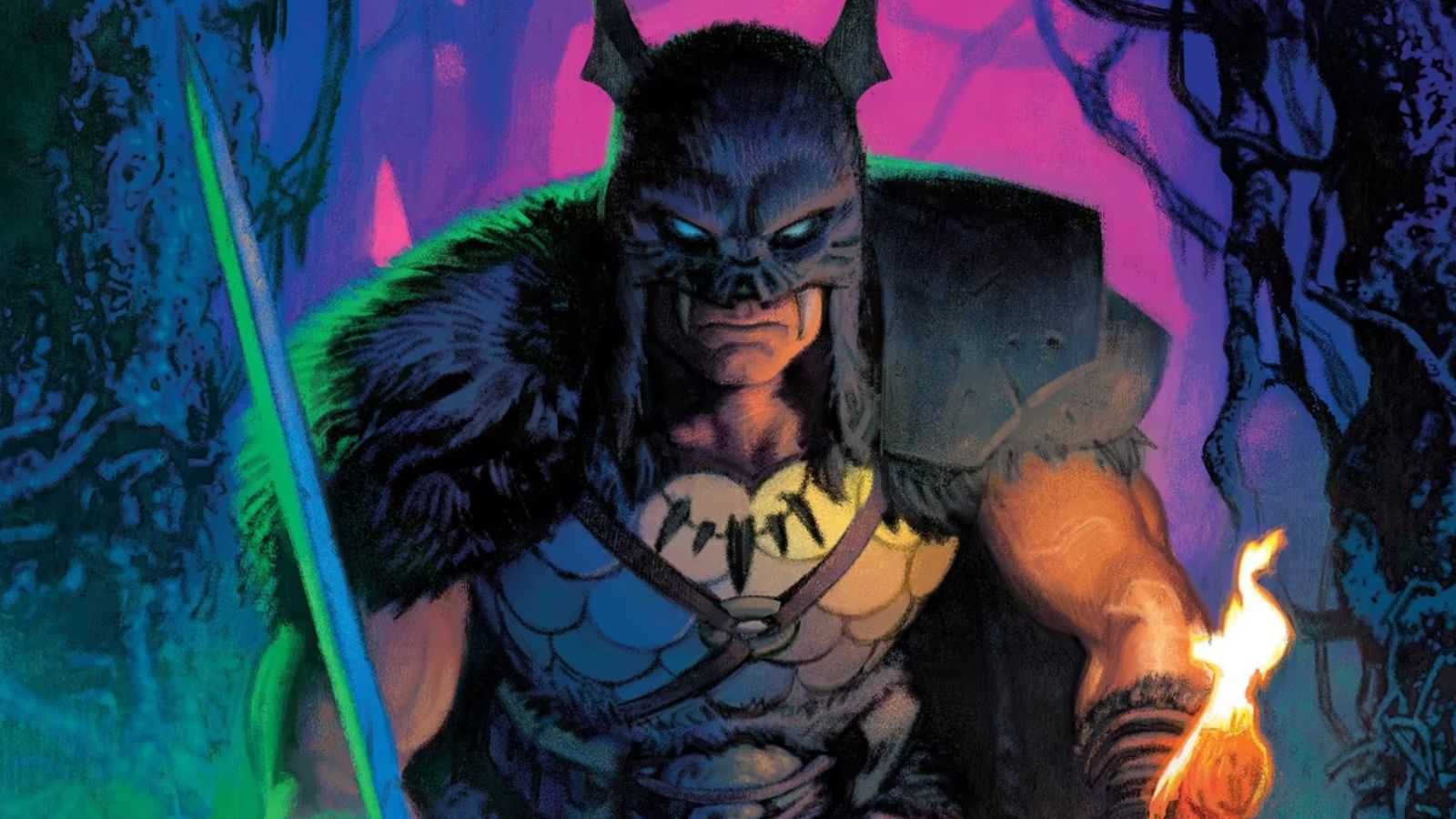 Batman as a barbarian carrying a sword and flaming torch