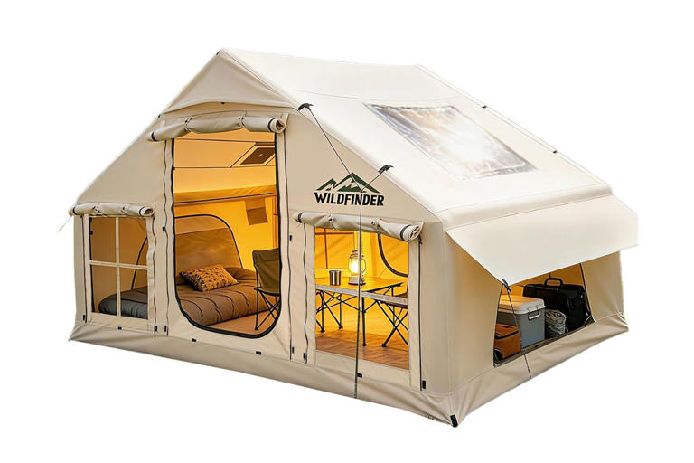 Amazon has a tiny home-style, 2-room inflatable glamping tent that fits 10 people and comes with a skylight