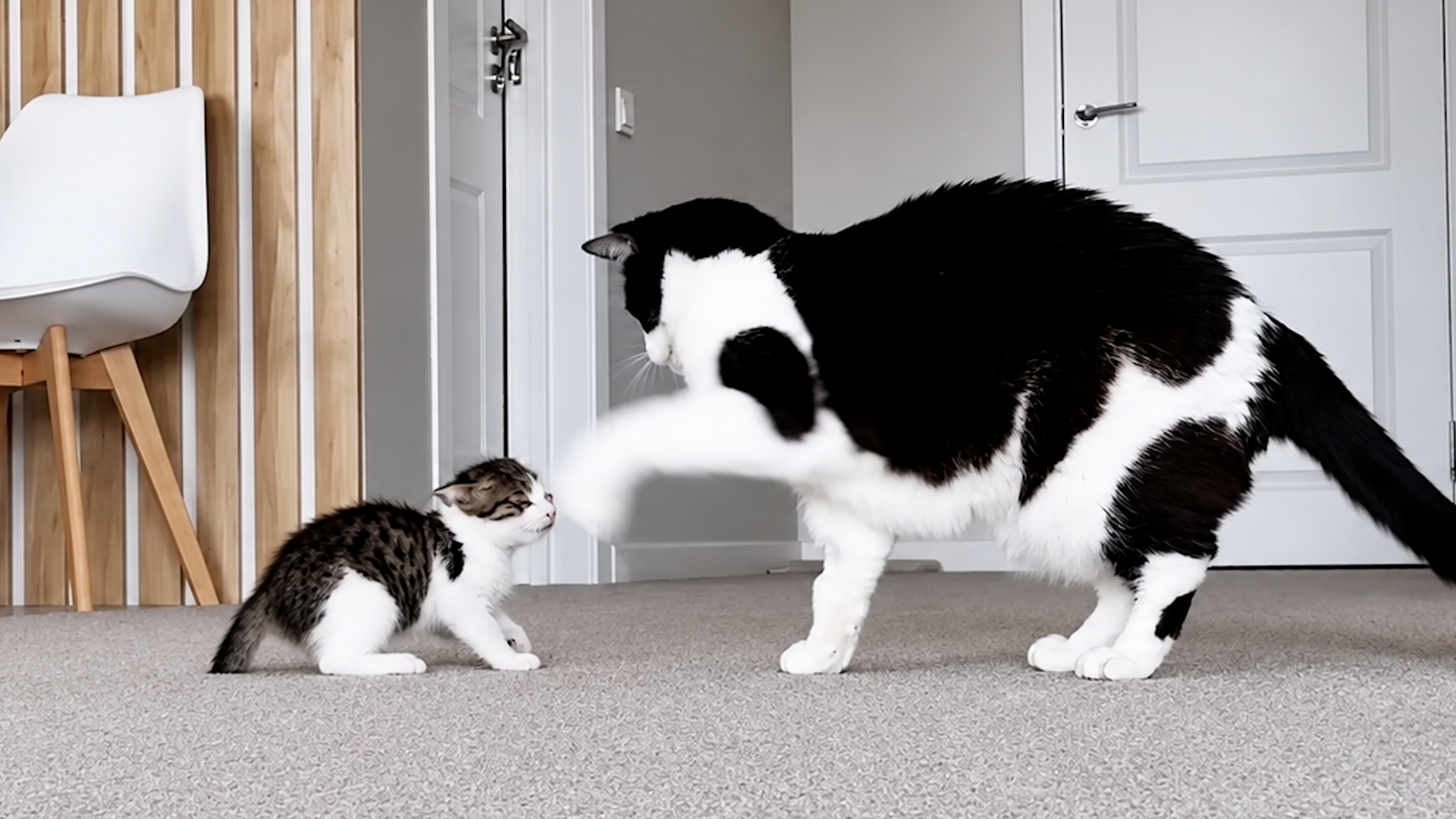 Tiny kitten challenges giant cat