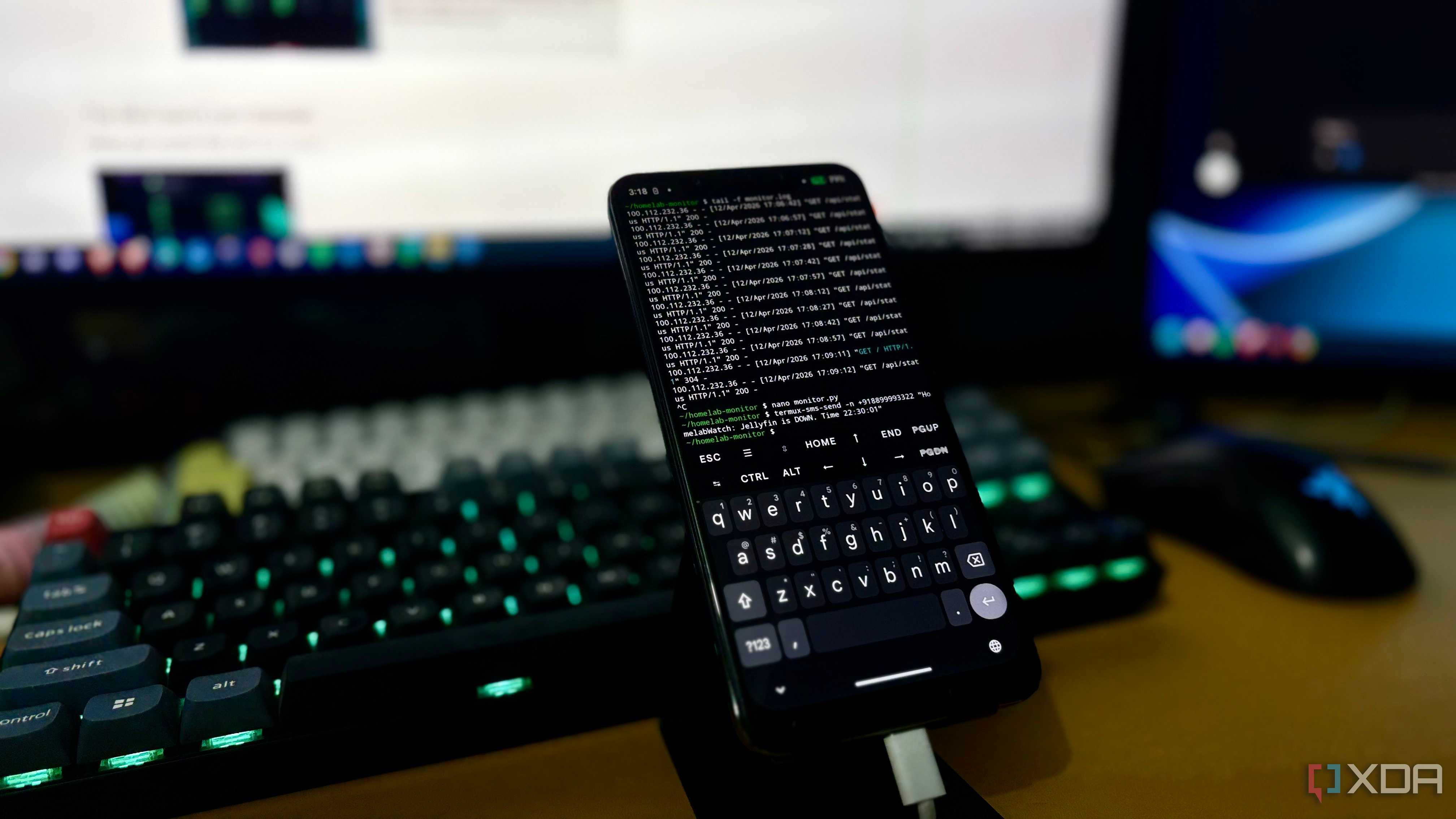 POCO F1 plugged into power and running Termux, set up as a permanent homelab monitor