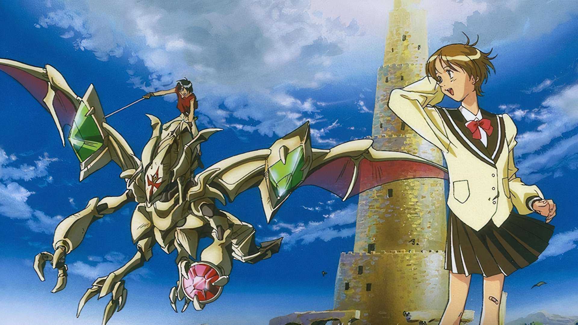 Hitomi smiles at Van atop a mecha dragon in The Vision of Escaflowne.