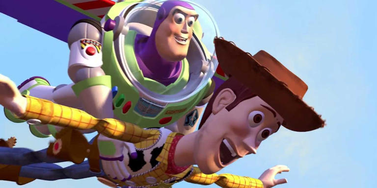 Woody and Buzz Lightyear flying in Toy Story