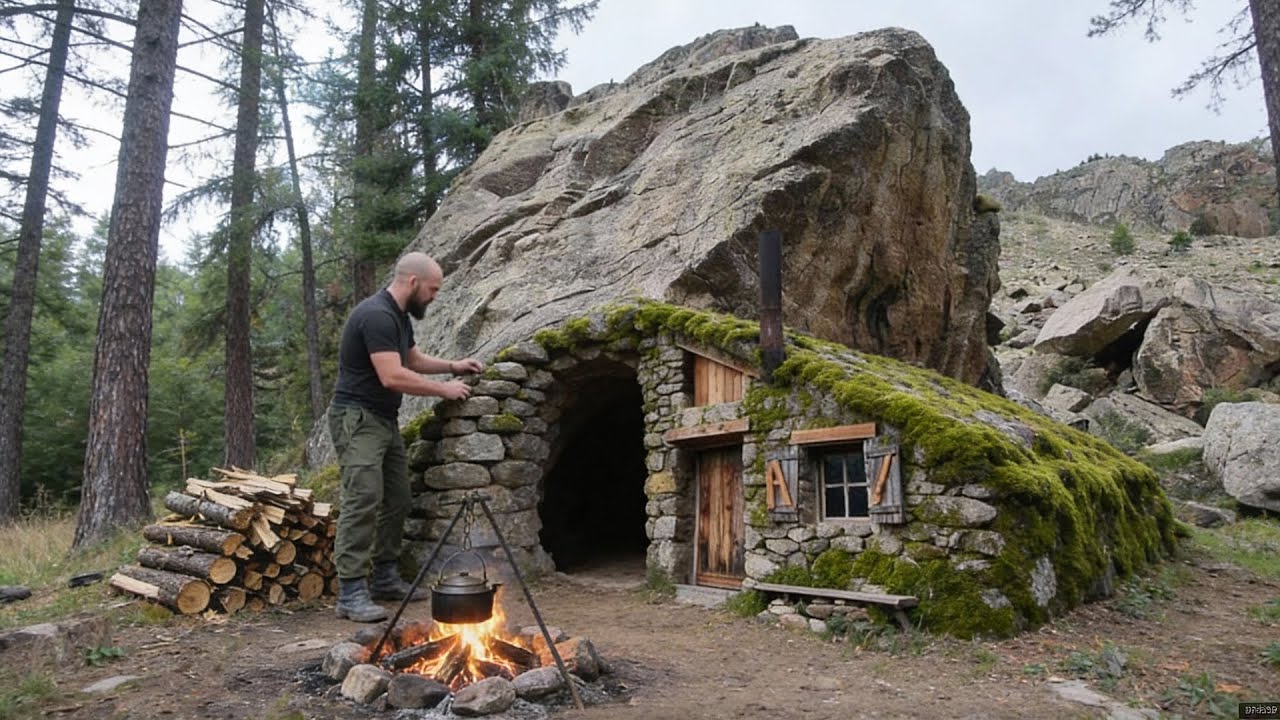 Man constructs a stone cabin on the mountain slope alone
