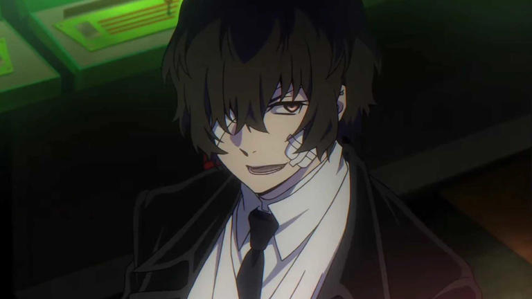 Osamu Dazai grinning in Bungo Stray Dogs.