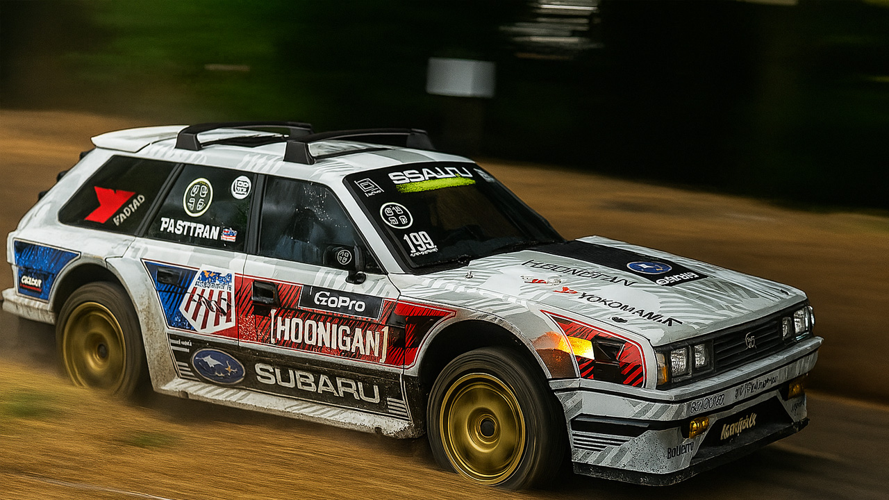 862馬力のSubaru Family Huckster GLワゴンが炎を上げて激しくドリフト