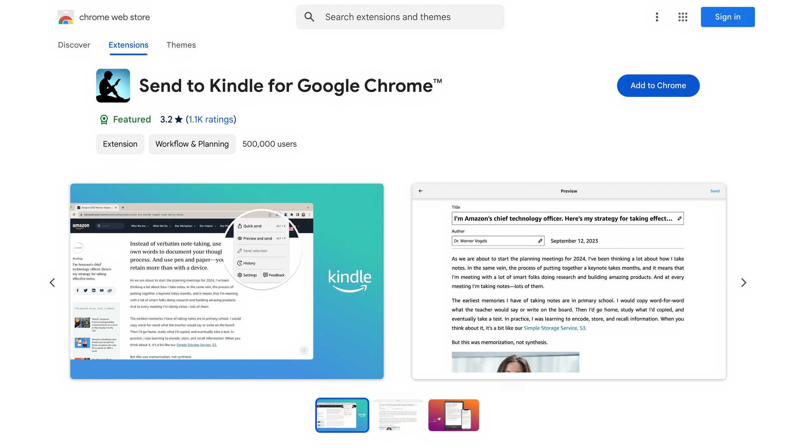 A screenshot of the Chrome Web Store showing the Send to Kindle extension.