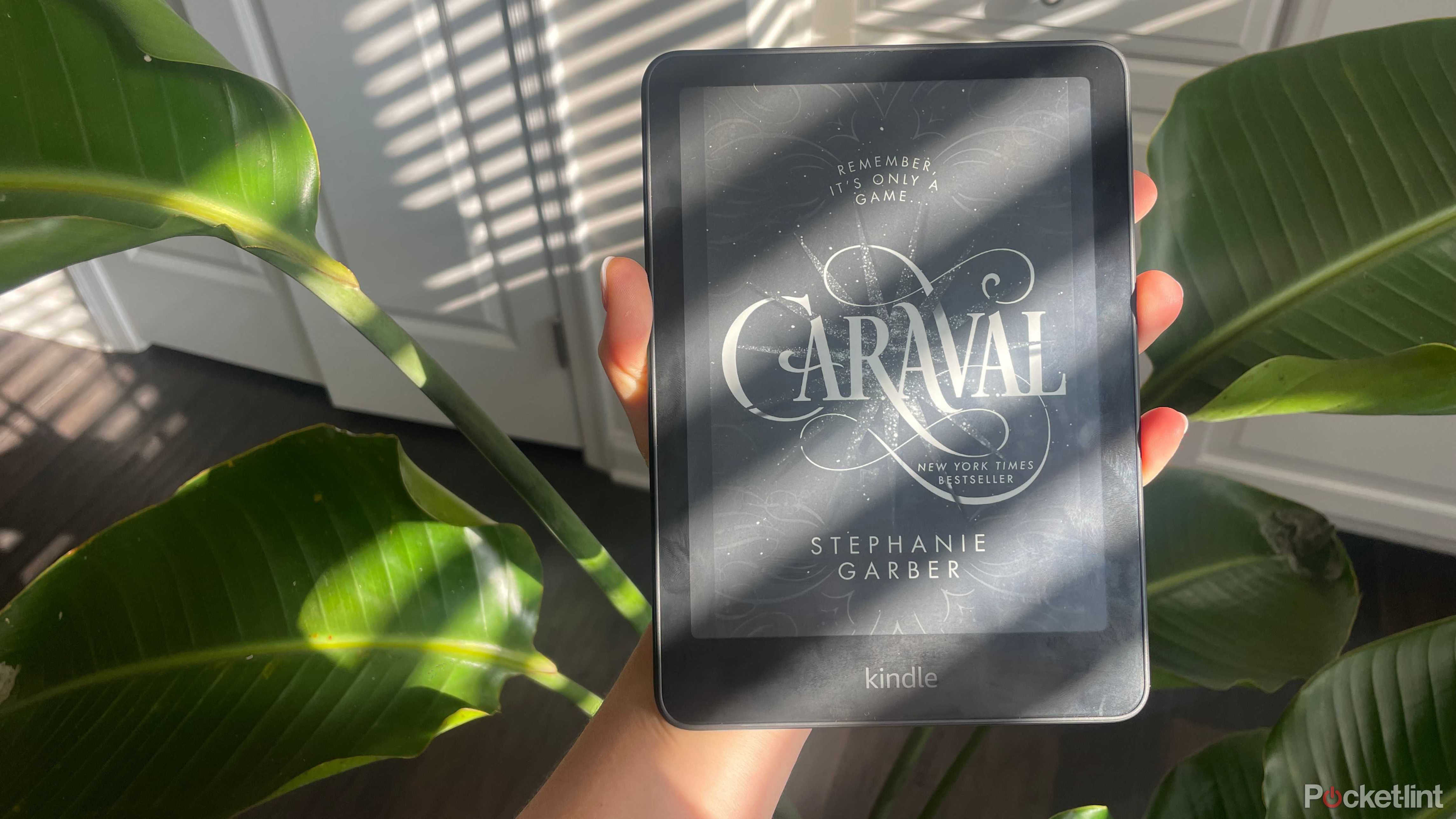 A Kindle Paperwhite in front of a plant.