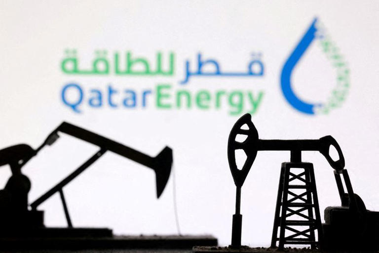 FILE PHOTO: 3D-printed oil pump jacks and the QatarEnergy logo appear in this illustration created on March 2, 2026. REUTERS/Dado Ruvic/Illustration/File Photo/File Photo