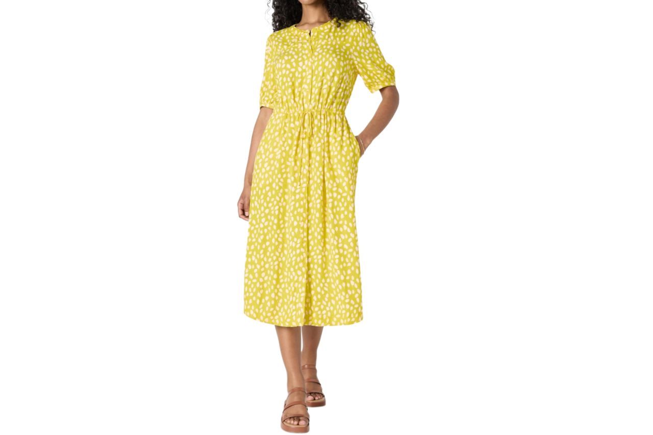 Amazon Essentials Women's Fit and Flare Half-Sleeve Waisted Midi A-Line Dress with Pockets