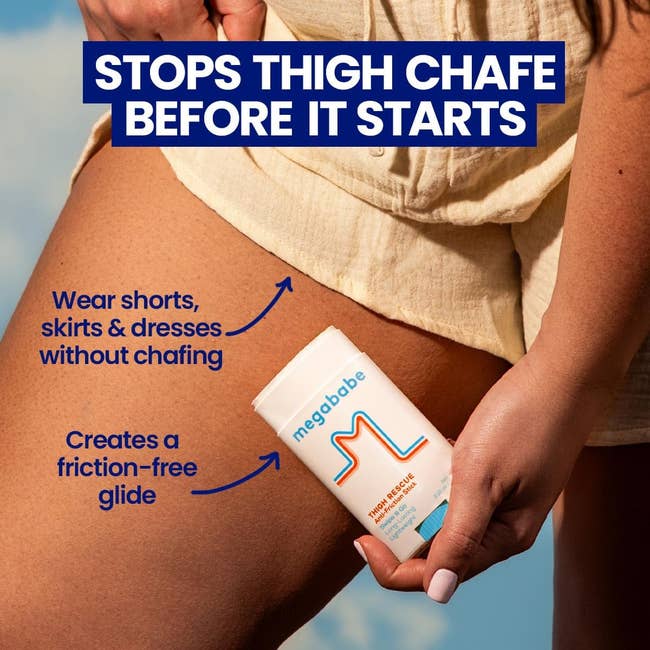 Person applies Megababe anti-chafe stick to their thigh. Text highlights prevention of thigh chafing for shorts, skirts, and dresses